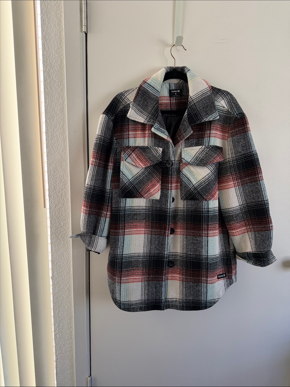 Hurley Plaid Shacket in Black, White & Red